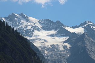 Zoom auf v. l. n. r. Trafoier Eiswand, Große Schneeglocke und Kleine Schneeglocke, darunter der Trafoier Ferner
