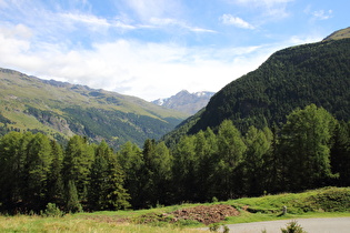 Blick über das Val di Forni auf Monte Pasquale und Monte Cevedale (Gipfel in Wolken)