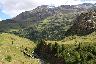 der Torrente del'Alpe, Blick flussabwärts auf Pizzo Tresero mit Vedretta di Tresero und Punta Segnale