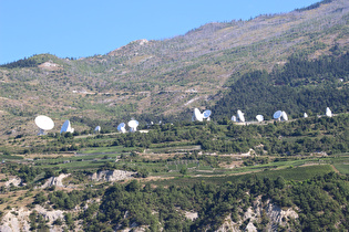 Zoom auf die Satellitenantennen, darunter Rebstöcke, darüber toter Bergwald