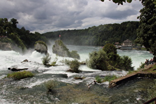 Blick über den Rheinfall auf die Rheinfallfelsen und das Schlösschen Wörth