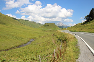 Blick über den Seebach Richtung Passhöhe auf den Simmel, rechts dahinter Biberkopf und Ellbogner Spitze