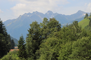 Zoom auf die Alpe Dias, dahinter Burgner und Kappler Kopf, dahinter v. l. n. r. Oberplattkopf, Alschnerspitze, Fatlarspitze und Rugglespitze